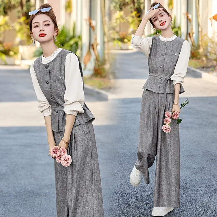 2025春季新款气质显瘦长袖马甲衬衣时尚套装韩系休闲阔腿裤三件套