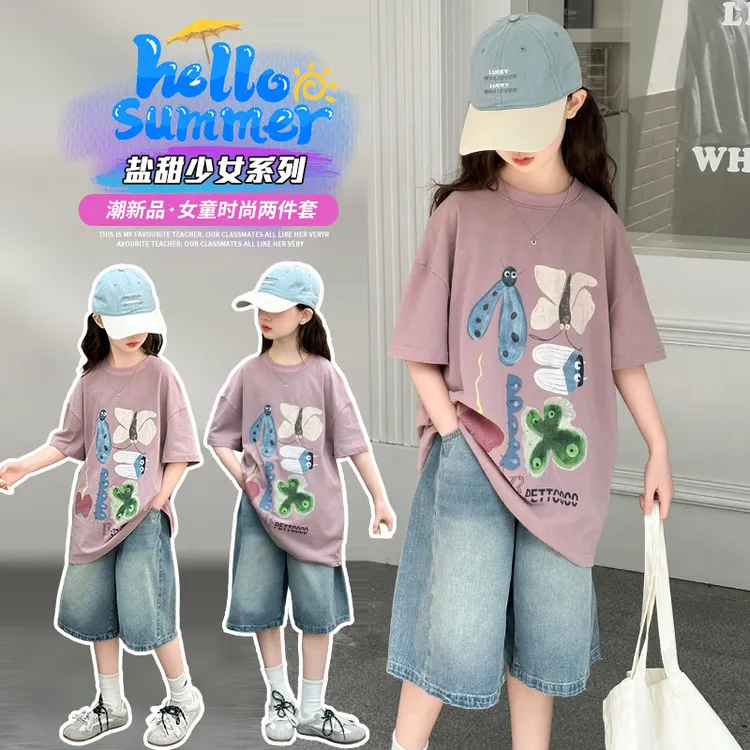 休闲夏季女童中大童数码印花T恤牛仔中裤套装时尚