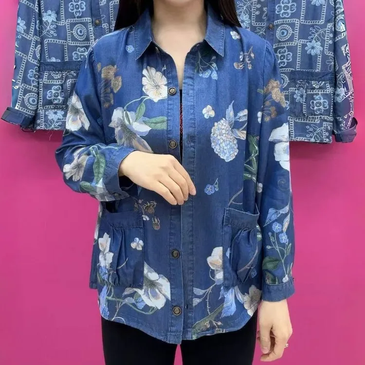 2025新款时尚大码薄款印花长袖短外套上衣妈妈装秋季polo领开衫女