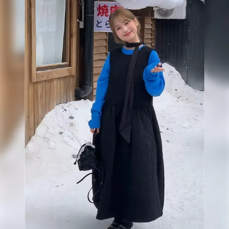 韩版秋冬新款夹棉长裙女百搭纯色圆领加厚加棉无袖长款公主连衣裙