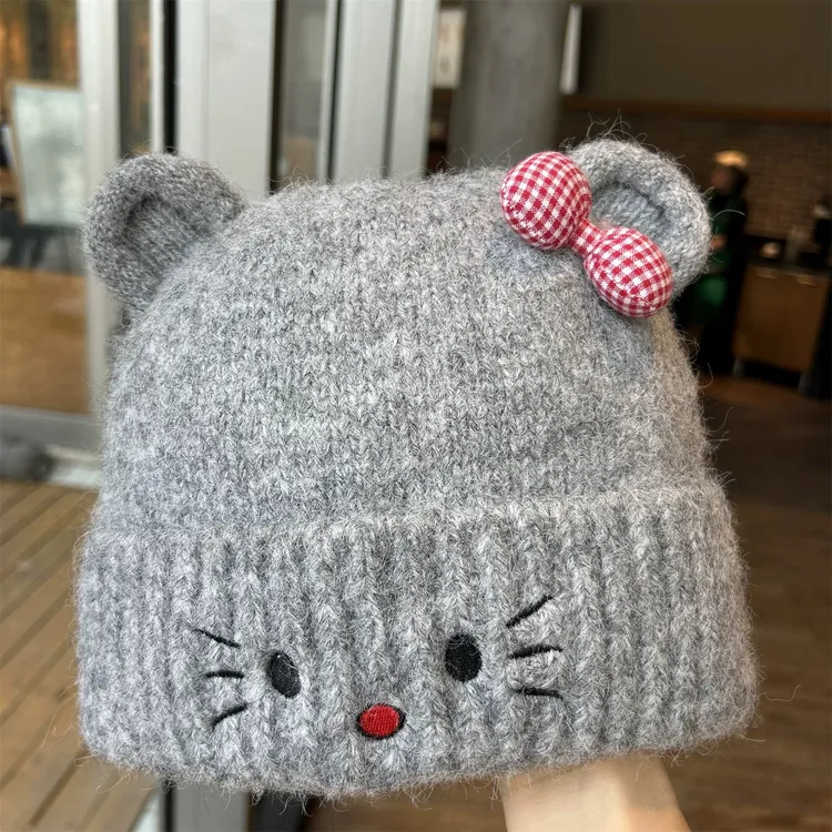 可爱甜美猫咪卡通针织毛线帽子女秋冬新款保暖百搭护耳针织帽潮