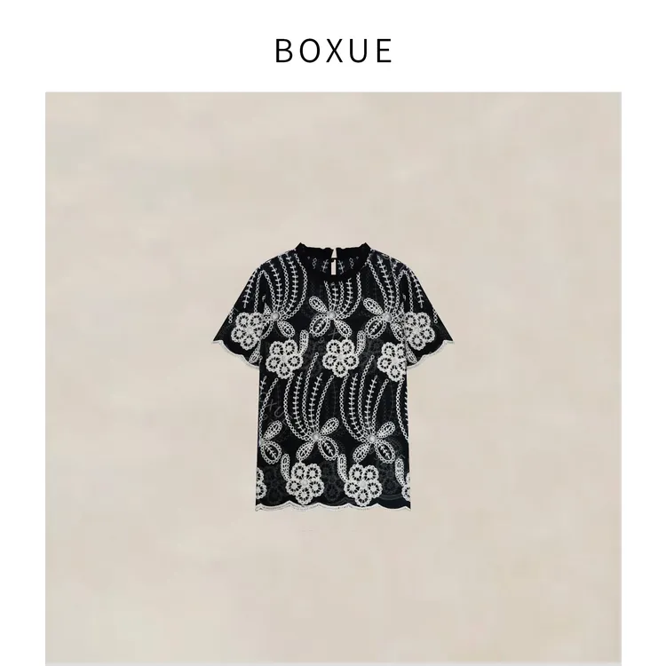 BOXUE “千纸鹤” 2025春季新高级感烧花刺绣轻奢 T恤#250408T1659