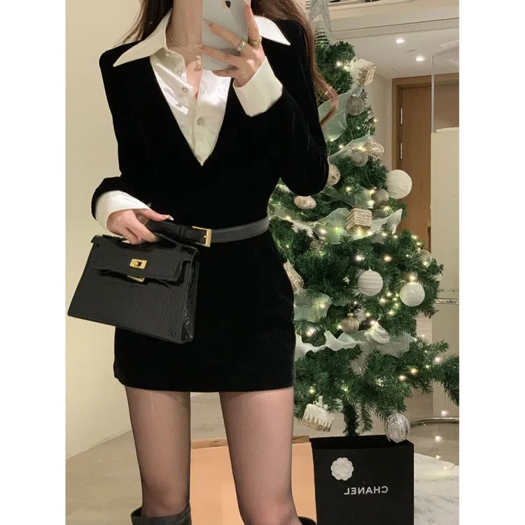法式黑色Polo领衬衫连衣裙女秋冬千金高级感性感修身包臀小黑短裙