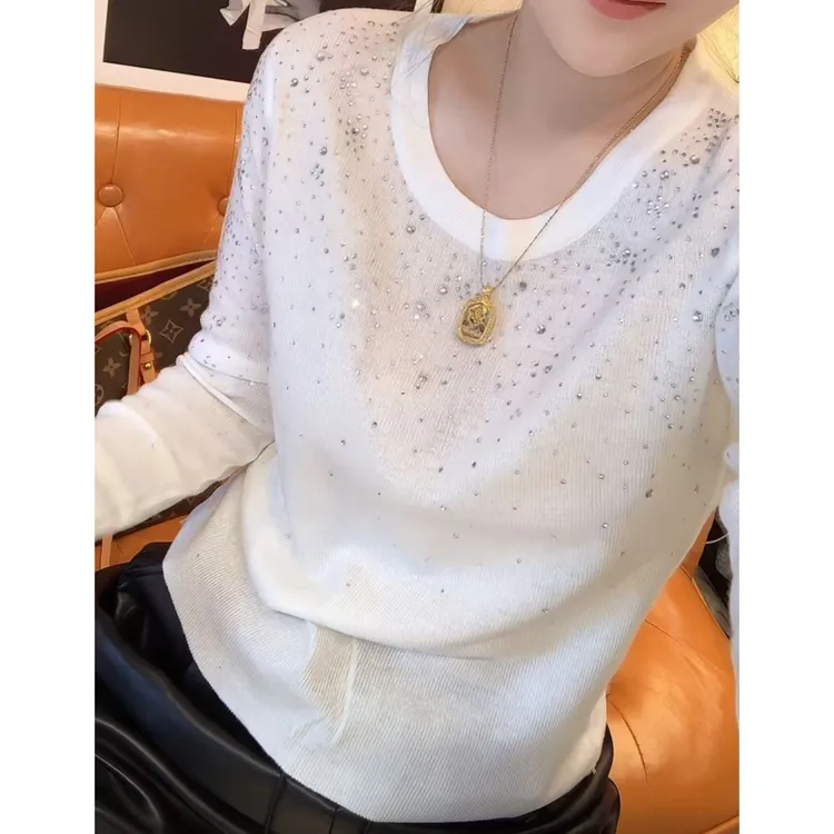 欧货烫钻圆领长袖针织衫气质百搭修身贴钻显瘦毛衣打底衫内搭上衣
