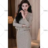 【yola】星尘秋季新款气质显瘦两件套鱼尾连衣裙-YL11872