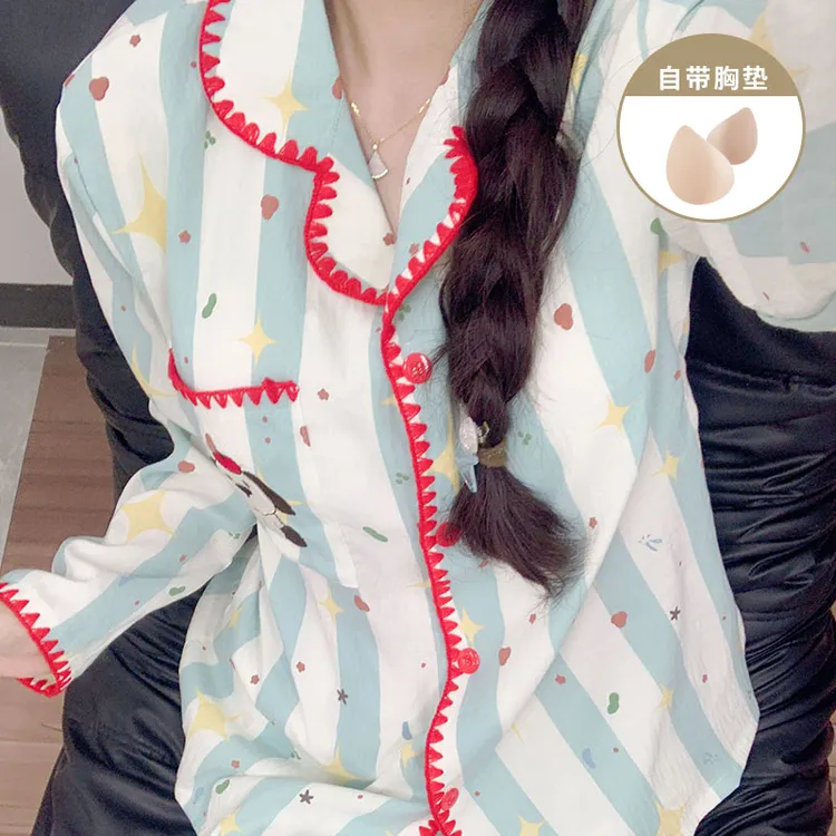 春秋季甜美风蓝白条纹睡衣女款2025新款长袖家居服女士套装可外穿