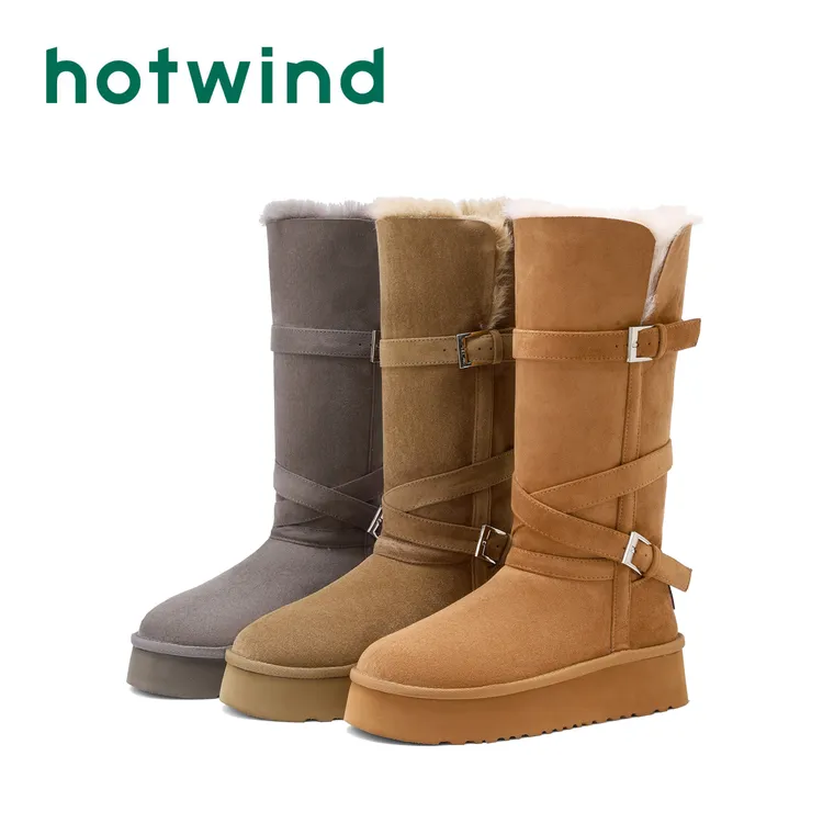 Hotwind/热风2025新款搭扣小香风冬季中筒保暖厚底防水高筒雪地靴