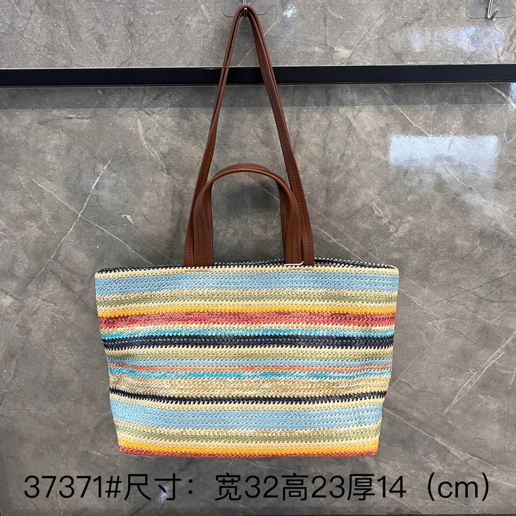 托特包斜挎式双根条纹包盖单肩包时尚彩虹编织包百搭肩包女士夏季