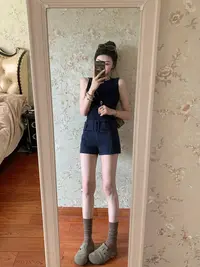 【夏日密码】藏青色无袖针织背心女设计感短裤外穿休闲运动显瘦套装