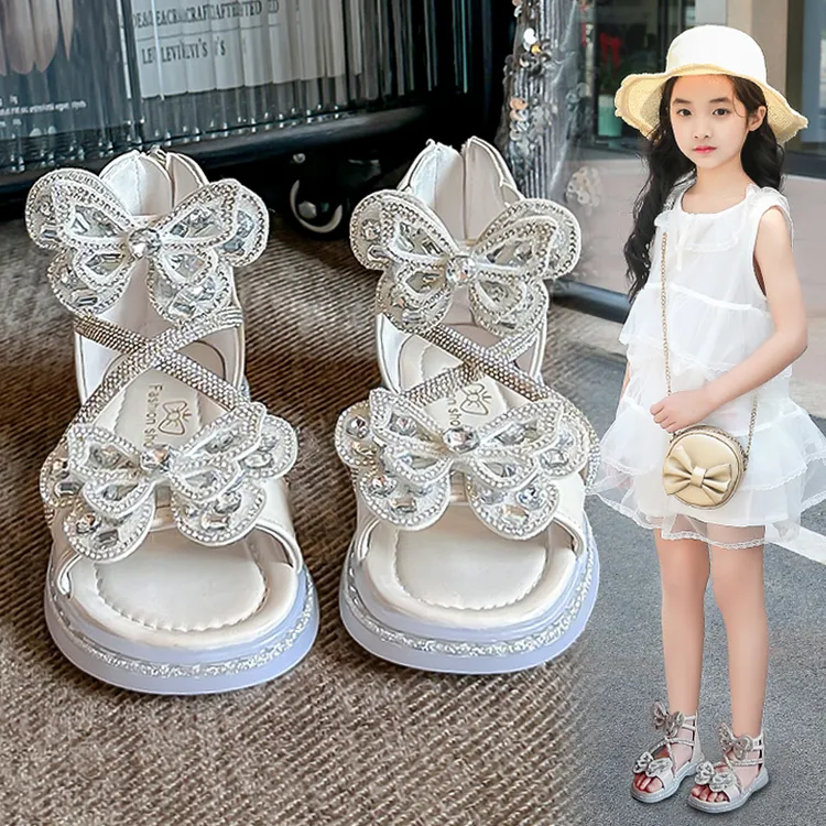 ABC女童凉鞋2025夏款蝴蝶结儿童公主鞋小女孩时尚水晶罗马鞋子潮