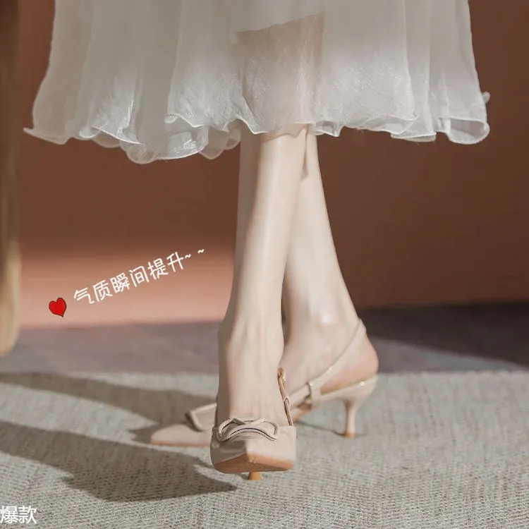 尖头裸色高跟鞋女细跟2025夏季新款V扣后空单鞋法式气质包头凉鞋
