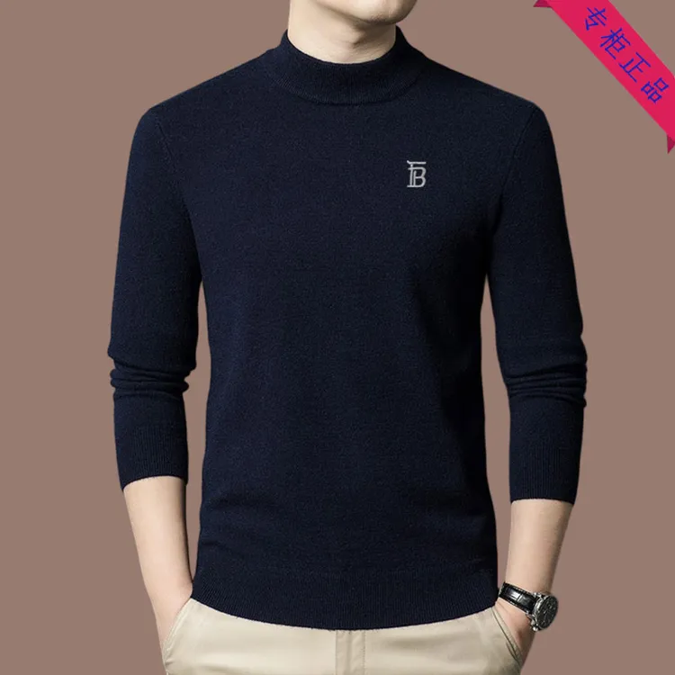 【专柜-正品】高档品牌冬季半高领男士毛衣男刺绣款羊毛休闲打底衫
