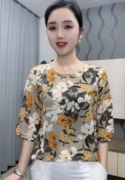 [玉兰花]2025新款圆领复古时尚气质百搭七分袖上衣小衫女士妈妈装