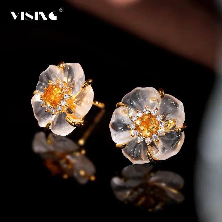 VISING珠宝天然白水晶黄水晶山茶花耳钉耳饰耳环S925银镀金