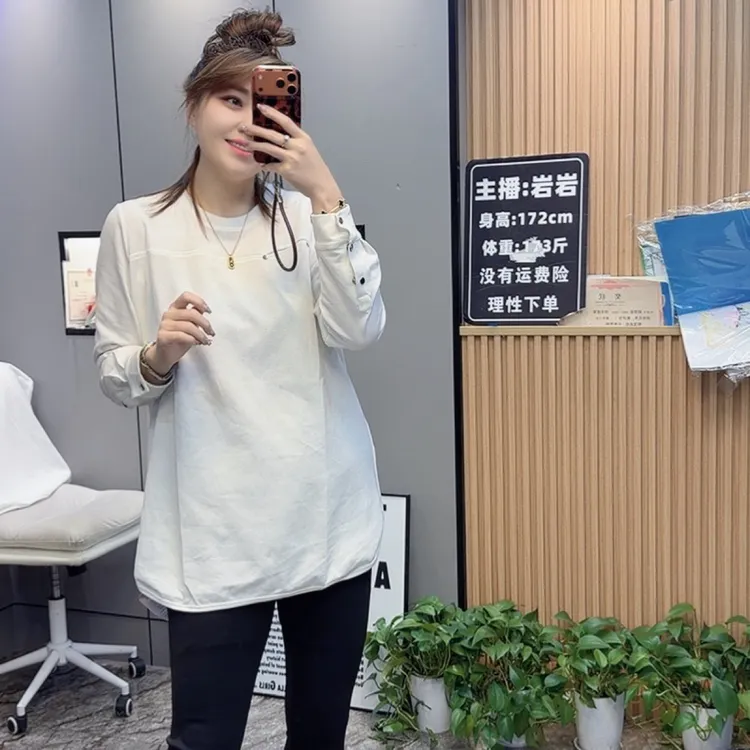 岩岩家三角标中长款显瘦大码圆领女上衣3062