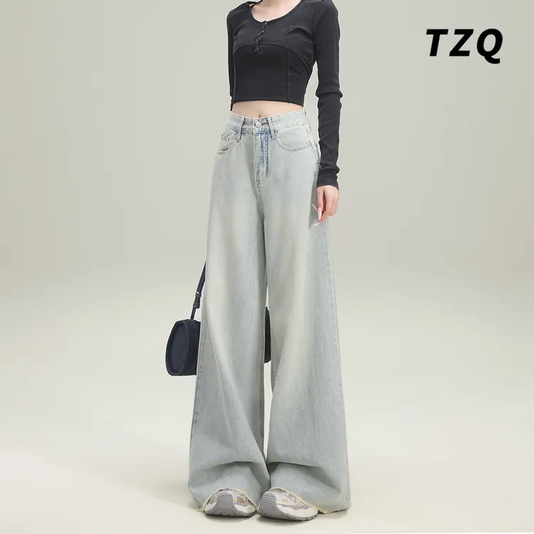 2025春秋新款水洗牛仔裤女阔腿裤设计感高腰拖地裤子TZQ25010439