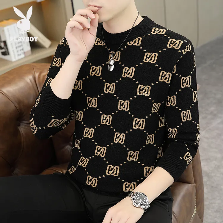 花花公子高档男士圆领毛衣秋冬新款时尚帅气百搭潮流针织打底衫