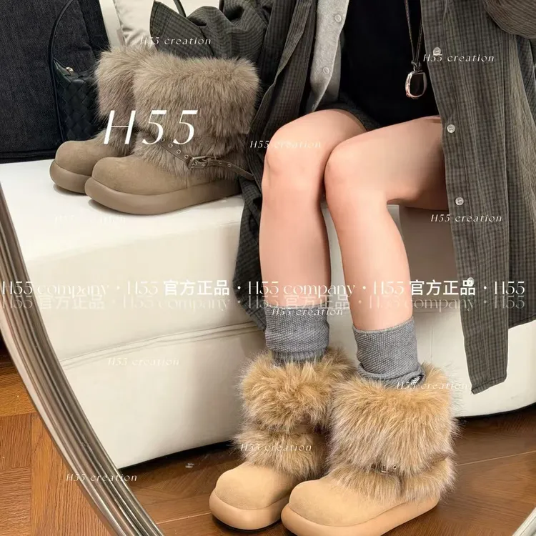 H55女鞋土豆反派｜毛毛帕带裤管靴雪地靴4cm45-3061【HW】