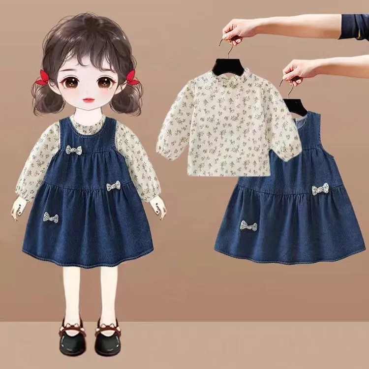 女童连衣裙秋装2025春秋季小女孩洋气时髦宝宝仿牛仔裙背心裙套装