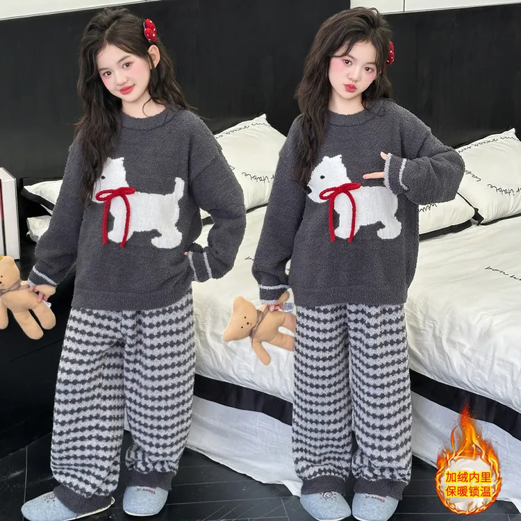 女童珊瑚绒睡衣冬款6-12岁15新款女孩中大童加厚保暖半边绒家居服