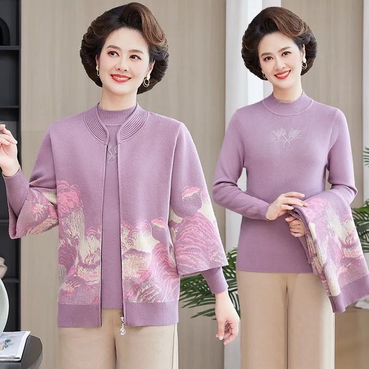 中老年50-60岁洋气女装时尚毛衣两件套装秋冬气质妈妈装高档外套