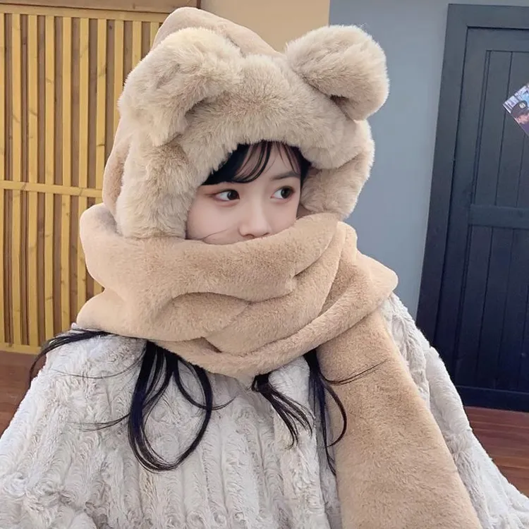 小熊帽子韩版可爱女百搭秋冬季冬天围巾一体保暖手套围脖三件套潮