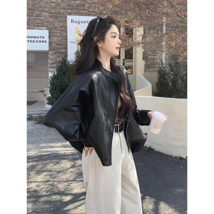 高级感爆款黑色立领皮衣外套女小个子2025春秋新款酷飒风超火夹克