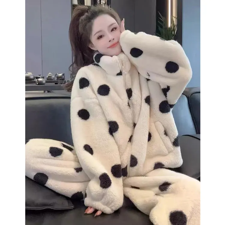 高克重 加绒加厚波点睡衣双面珊瑚绒保暖长袖家居服两件套装 7008