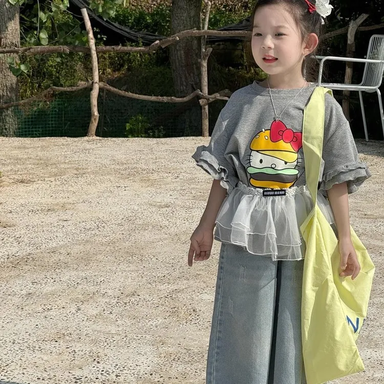女童韩版套装2025夏款儿童柔软宽松牛仔阔腿裤宝宝洋气短袖三件套