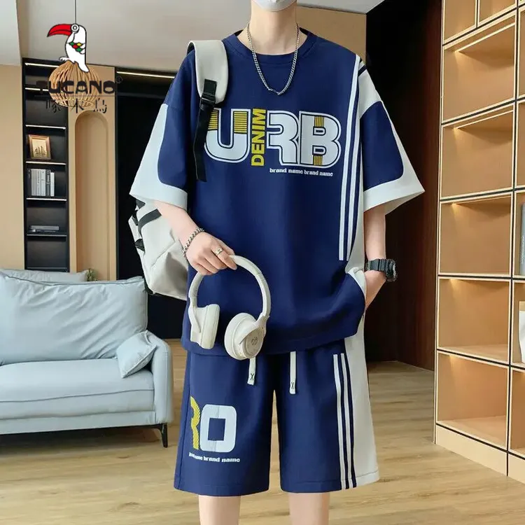 啄木鸟夏季休闲运动套装男2025新款夏季青少年宽松短袖T恤短裤套