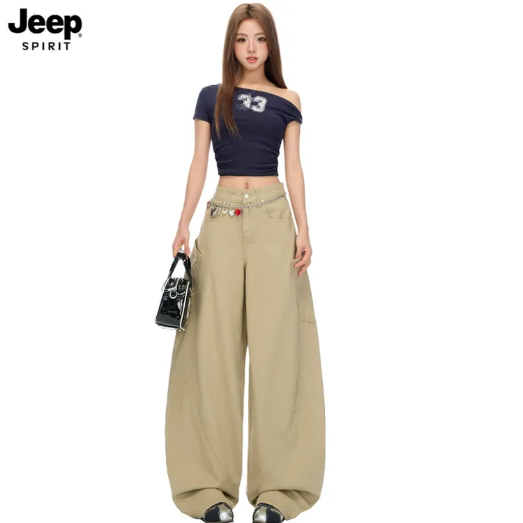 JEEP SPIRIT美式复古牛仔裤女设计感大口袋弯刀阔腿裤卡其色长裤