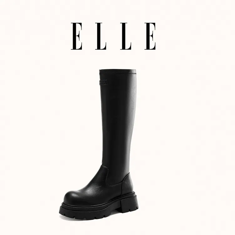 ELLE时尚厚底小个子长筒靴女2025新款真皮显瘦骑士靴增高黑色靴子