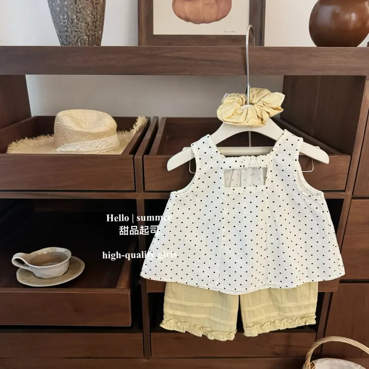 【甜品起司】韩国童装女宝宝夏款波点露背娃娃衫木耳边阔腿裤套装 