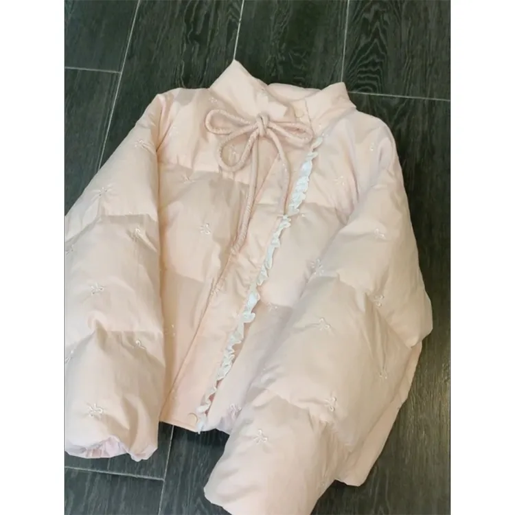韩系高级感蕾丝拼接棉服外套女冬季新款粉色蝴蝶结系带短棉衣棉袄
