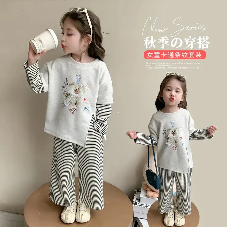 女童休闲套装洋气卡通儿童假两件卫衣阔腿裤两件套小女孩宝宝秋装