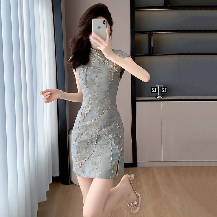 新中式国风气质短款开叉连衣裙女夏时尚小个子修身显瘦改良旗袍裙