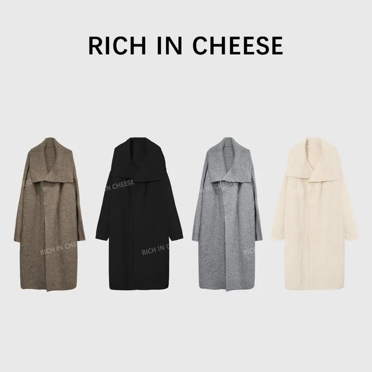 RICHINCHEESE 大被子【高定款】时尚百搭翻领长款绵羊毛针织开衫
