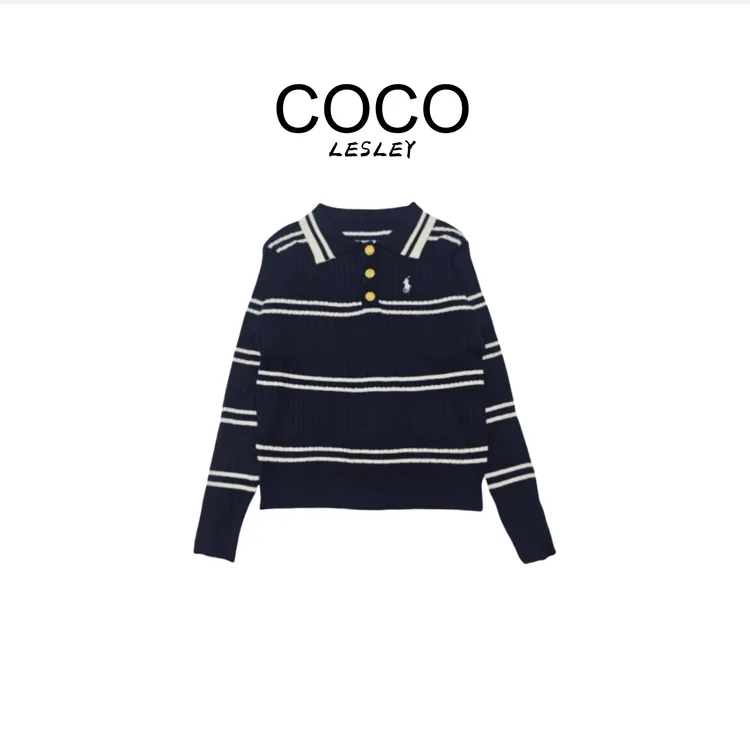 【COCO LESLEY】翻领长袖打底衫秋冬季刺绣条纹针织衫W005