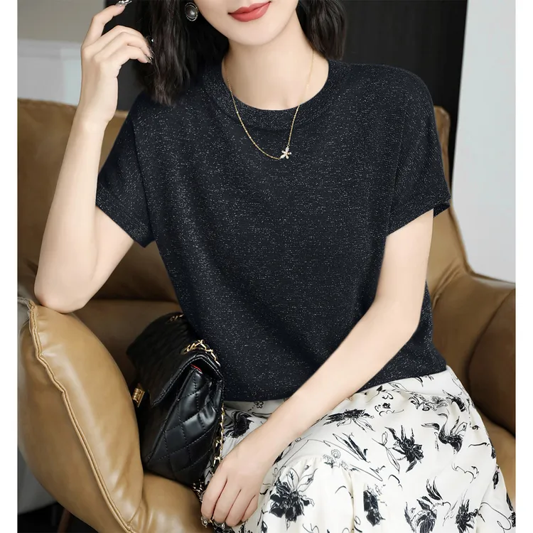 高级感圆领薄款小飞袖设计T恤夏季时尚宽松显瘦星空纱针织衫上衣