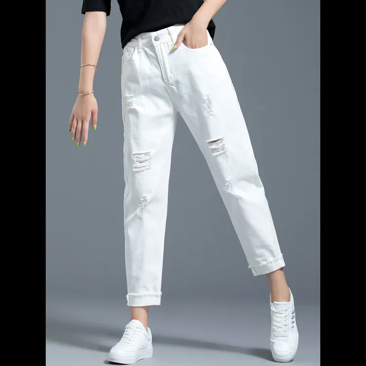 白色直筒牛仔裤破洞裤子女小个子显瘦高腰2025夏季薄款休闲九分裤