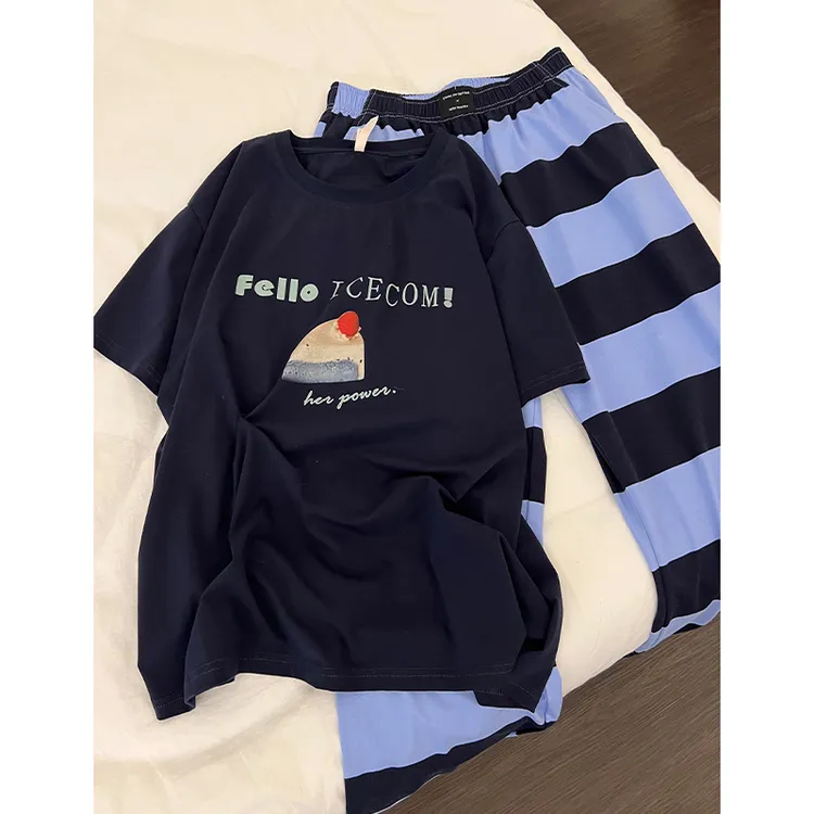 韩系简约复古蛋糕印花短袖睡衣女夏季新款条纹撞色长裤家居服套装