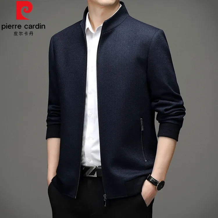 皮尔卡丹男士夹克衫洋毛外套秋冬新款立领中老年爸爸装高端呢子潮