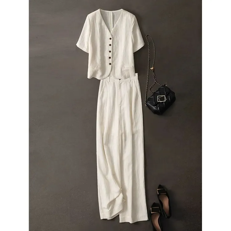 意式轻奢慵懒休闲透气天丝亚麻短袖西装外套高腰阔腿裤两件套装