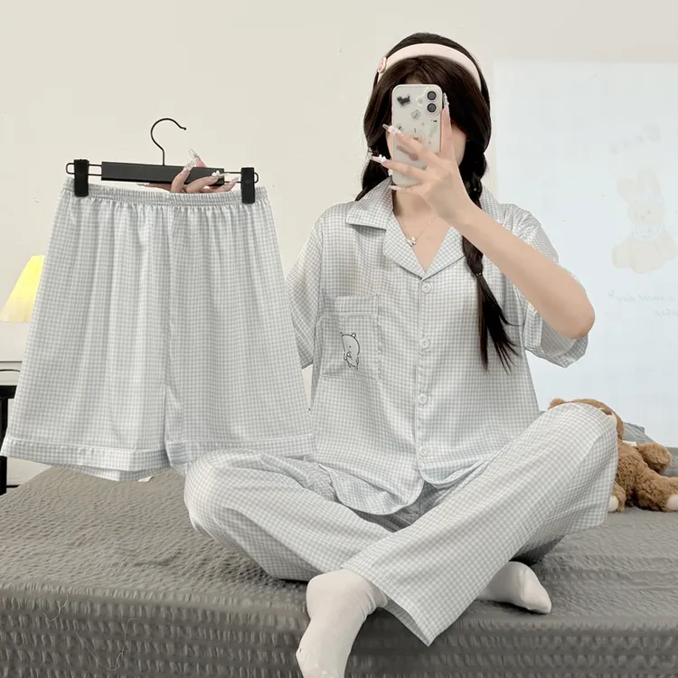 睡衣女夏季冰丝短袖短裤卡通家居服套装宽松大码甜美女士三件套外
