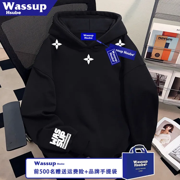 WASSUP HSUBE星星字母印花男女款上衣街头风黑色连帽秋冬季卫衣