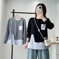 长袖女拼接春秋圆领撞色宽松条纹卫衣