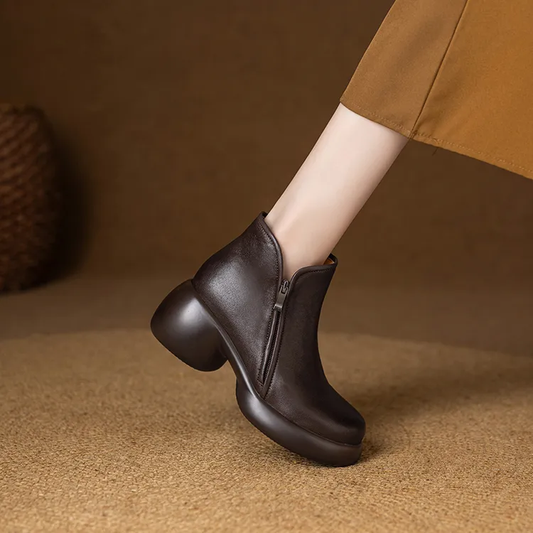 真皮短靴女2025新款厚底马丁靴女圆头瘦瘦靴加绒小个子粗跟时装靴