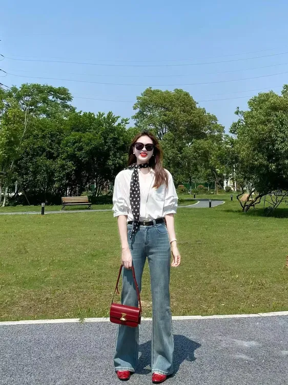 2025夏季新品韩系翻领气质白色中袖衬衫高腰复古显瘦牛仔裤套装