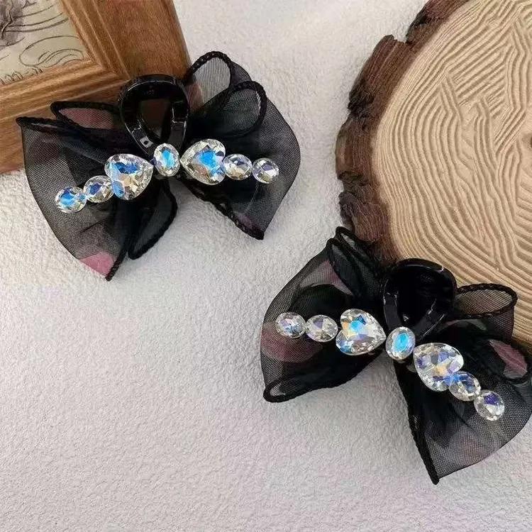 黑色气质AB面月光水钻发夹网纱泡泡纱抓夹小号前额侧边夹公主头