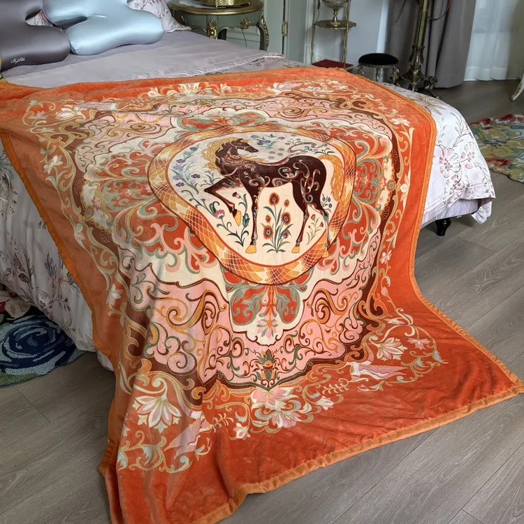 【奇居之乡】繁花逸骏橘色毛毯 秋冬保暖盖毯150*200cm